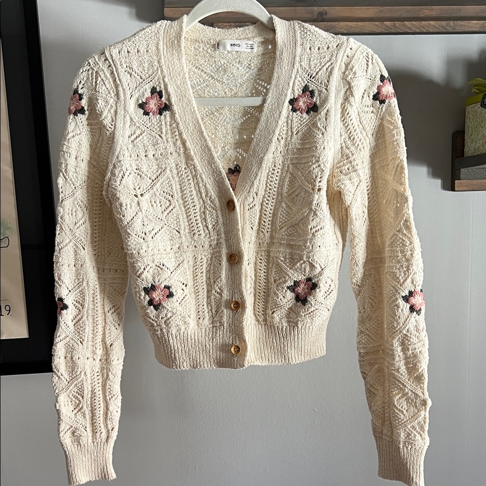 Mango Cream Knit Cardigan with Pink Floral Details